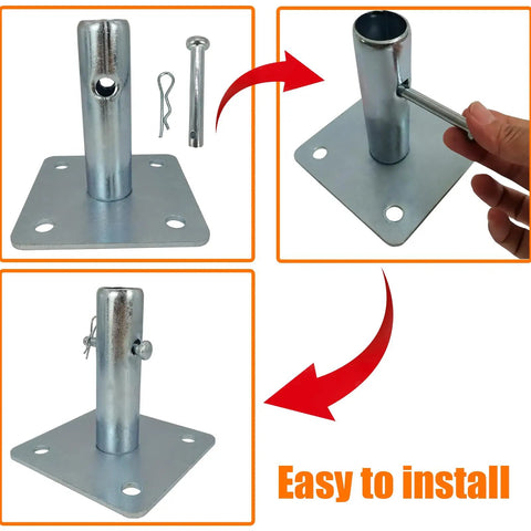 Four Pack Galvanized Scaffold Base Plates With Pins For Baker Style Scaffolding, Heavy Duty Stabilizers That Prevent Shake, 4 3 Fifths Inch Square Base, Stem OD 1 3 Eighth Inch, Stem Length 5 Inch, Fits Tubes Inside Diameter Over 1 3 Eighth Inch, installed on base