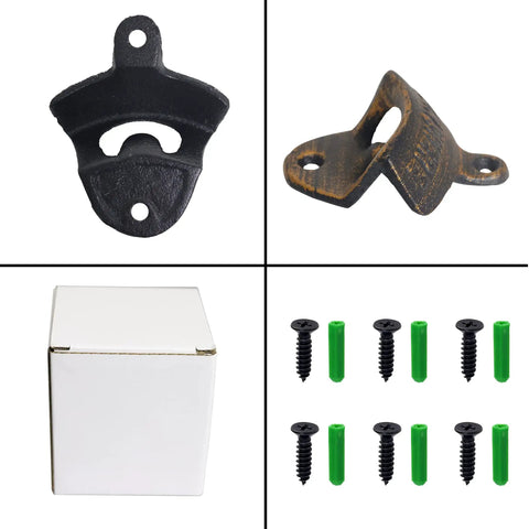 Premium Vintage Cast Iron Wall Mounted Beer Bottle Opener 3 Piece Set Antique Gold Retro Bar Accessories images including mounts and screws.