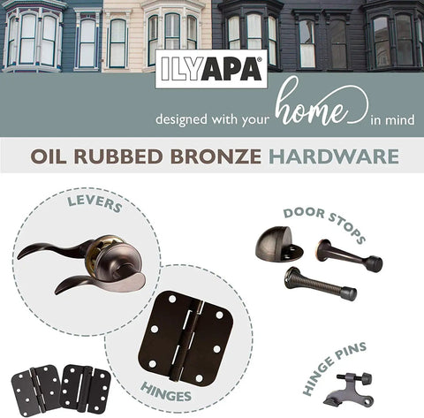 Oil Rubbed Bronze Door Hinges 18 Pack 3.5 By 3.5 Inch Interior Hinges With Five Eighth Inch Radius Corners Antique Style For Doors Cabinets Drawers And Dressers Durable Hardware shown with matching levers and door stops