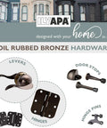 Collection of oil rubbed bronze hardware, including levers, door stops, and hinges; matte black 4x4 inch interior hinges featured.