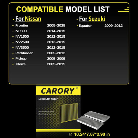 Nissan Frontier Cabin Air Filter With Activated Carbon For 2005-2025 product box and compatibility model list