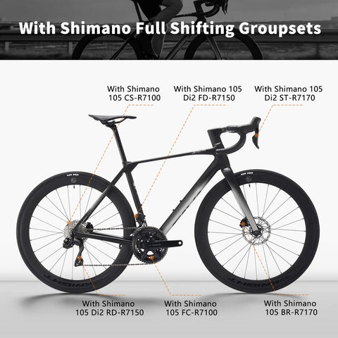 Lightweight Carbon Road Bike With T1000 Reinforced Frame And Carbon Fork And Seat Tube, Unisex Fit, Shimano 105 Di2 R7170 2x12Speed