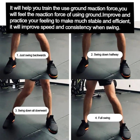 Golf Swing Training Pad Pro Grade Rubber Force Plate For Ground Reaction Drills shown with step-by-step swing instructions