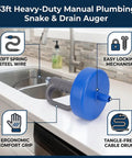 Heavy Duty 33 Foot Manual Drain Snake Featuring Flexible Spring Steel Wire, ergonomic grip, and easy locking mechanism.