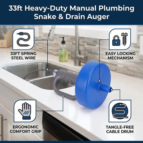 Heavy Duty 33 Foot Manual Drain Snake Featuring Flexible Spring Steel Wire, ergonomic grip, and easy locking mechanism.