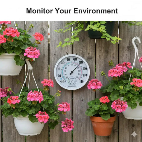 Outdoor Thermometer And Hygrometer, 10 Inch Round White Dial, Waterproof Wall Mount For Patio Garden Garage And Home, Rugged And Easy To Read Temperature And Humidity Monitor Built For All Weather Use, mounted on wooden fence