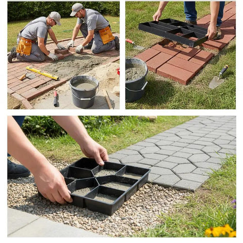 Using Cross Square Stepping Stone Molds Set for DIY garden pathways with 8 unique shapes to create artistic walkways on lawn.