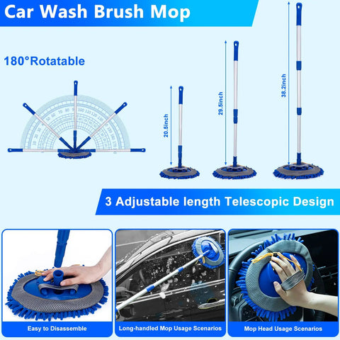Go To Car Wash Kit With Foam Gun And Brush Mop Large Folding Bucket Blue showing adjustable telescopic brush mop design