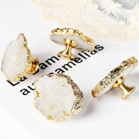 Geode Crystal Cabinet Knobs 4 Pack With Dope Gold Plated Gemstone Drawer Pulls For Kitchen Cabinets Dressers And Home Office Decor White Geode Style Easy Install