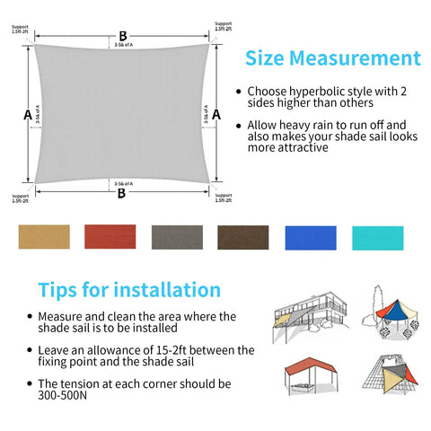 Rectangle Shade Sail 10 Foot By 16 Foot Light Gray Breathable UV Blocking Outdoor Canopy size measurement and installation tips diagram