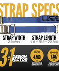 Heavy Duty 2 Inch E Track Straps 20 Foot Long 10 Pack 4400 Pound Break Strength, 1467 Pound Working Load, Blue Polyester Tie Down