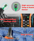 PT6508 Digital Temperature Humidity Meter with Ambient Dew Point and Wet Bulb shown in close-up details and carrying size.