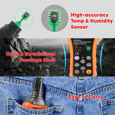 PT6508 Digital Temperature Humidity Meter with Ambient Dew Point and Wet Bulb shown in close-up details and carrying size.