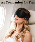 Woman using 3D Eye Mask For Sleep And Travel For Men And Women, 100 Percent Pressure Free Contoured Eye Pockets on airplane, adjustable strap, black.
