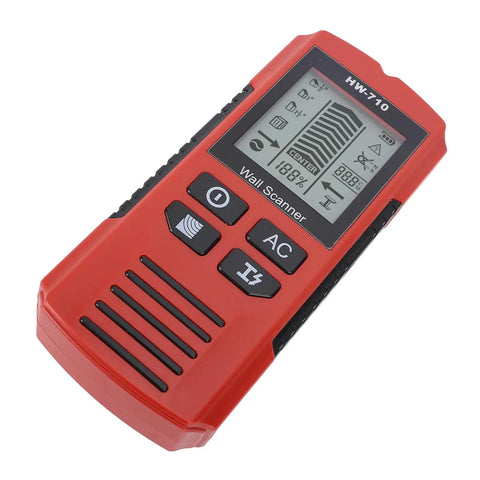 Aqur2020 Stud Finder Wall Scanner, 7 in 1 Electronic Wood Metal Wire Detector with 3 Depth Settings in red, angled view.