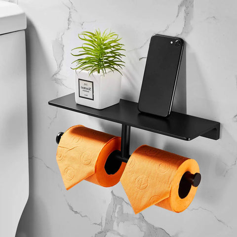Double Roll Toilet Paper Holder With Shelf Matte Black Brass Finish, holding toilet rolls and items, wall-mounted in bathroom