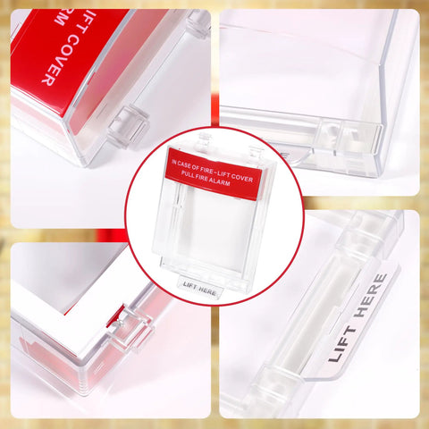 Collage showing heavy-duty fire alarm protective cover with clear red markings and lift instructions, impact-resistant design.