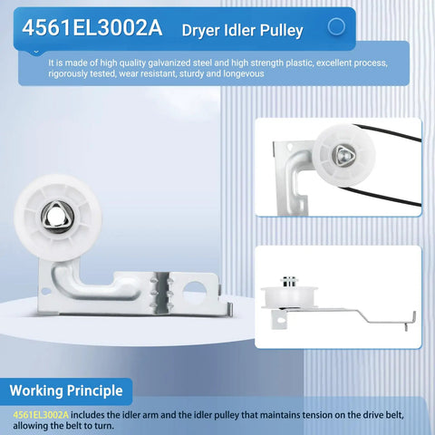 Upgraded Dryer Repair Kit DIY Friendly For Household Dryers Includes 4581EL2002C And 4581EL2002L Drum Rollers 4400EL2001A Belt 4561EL3002A Idler Pulley And Spring Quiet OEM Grade Parts For Smooth Reliable Drying Performance featuring 4561EL3002A idler pulley in galvanized steel and plastic details.