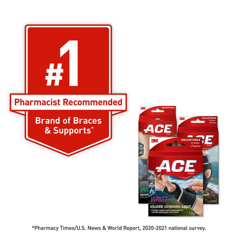 Image featuring #1 Pharmacist Recommended badge and ACE adjustable compression supports packaging.