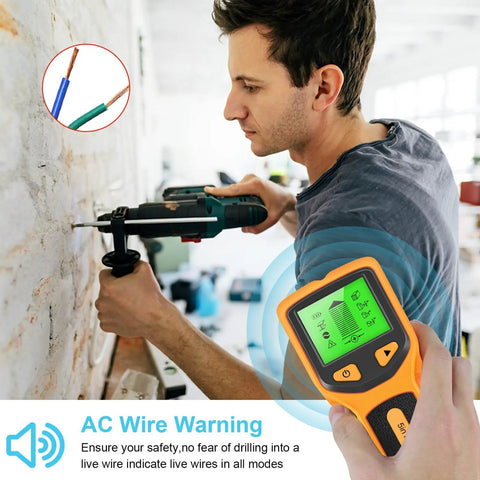 User operating a Stud Finder Wall Scanner, 5 in 1 Stud Finder Tool with LCD Display (Yellow) to detect AC wires.
