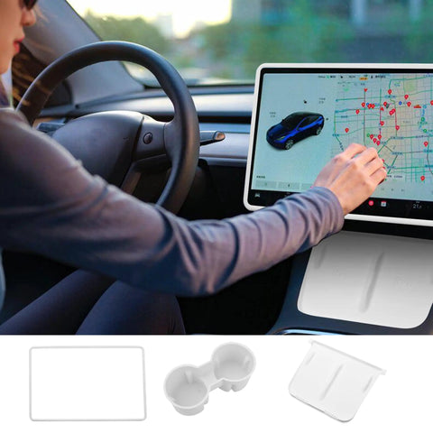 Tesla Center Console 3 Piece Upgrade Kit for Model Y 2021-2024 and Model 3 2021-2023 shown with cup holder insert and screen protector