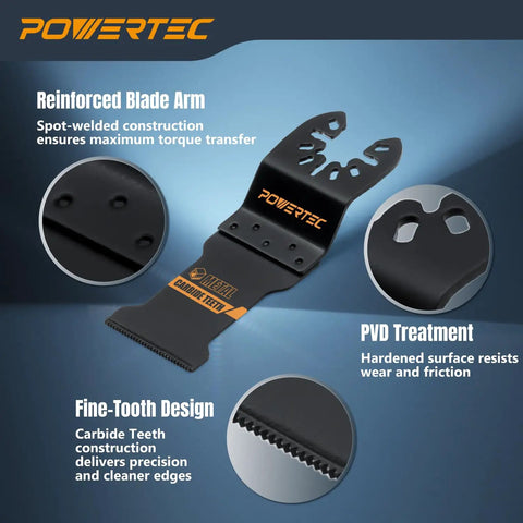 Heavy Duty Carbide Oscillating Tool Blades Three Piece Replacement Set With Dual Adapters Pro Grade Multitool Accessories Built Tough for snipping nails and cutting metal smooth showing reinforced blade arm.