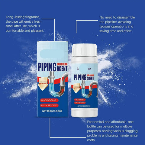 Piping Unblocking Agent bottle and box against blue background, 100g size, no need to disassemble pipes, fast solution