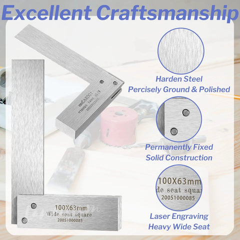 Brushed steel machinist square set with wide base; includes 2, 3, 4, 6 in sizes; laser-engraved 100x63 mm, front view