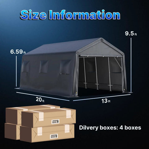 13x20 Ft Carport Tent With 2 Roll Up Doors And Vents, All Weather Portable Storage Shelter with size dimensions and boxes
