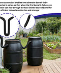 Rain Barrel Hose Connector And Downspout Diverter Kit linking two black rain barrels in a garden, adjustable from 9.5 to 31 inches.