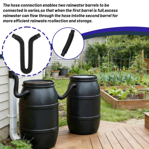 Rain Barrel Hose Connector And Downspout Diverter Kit linking two black rain barrels in a garden, adjustable from 9.5 to 31 inches.