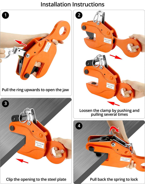 QWORK orange vertical plate lifting clamp, 2-ton capacity, steel construction for welding and building.