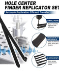 Five Piece Six Inch Hole Finder Tools Kit For Sheet Metal Duplication With Pins Forty Thirty Twenty One Ten And One Quarter Inch For Aircraft And Race Cars Or Any Project That Needs Precise Hole Alignment Black, shown with drill and text details