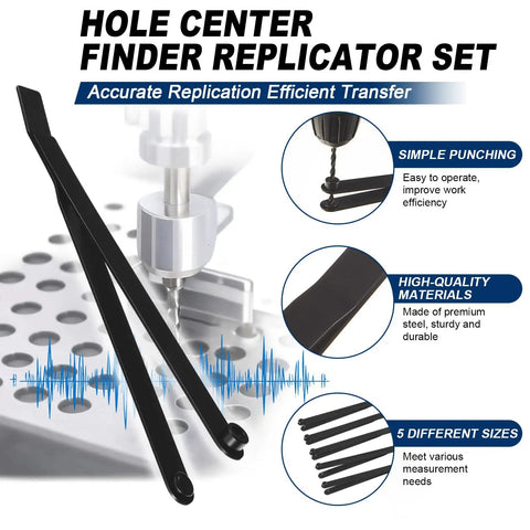 Five Piece Six Inch Hole Finder Tools Kit For Sheet Metal Duplication With Pins Forty Thirty Twenty One Ten And One Quarter Inch For Aircraft And Race Cars Or Any Project That Needs Precise Hole Alignment Black, shown with drill and text details
