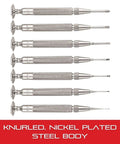 Seven-piece jewelers precision screwdriver set with knurled grips, nickel-plated steel bodies, and compact case, 0.025-0.100 inch blades