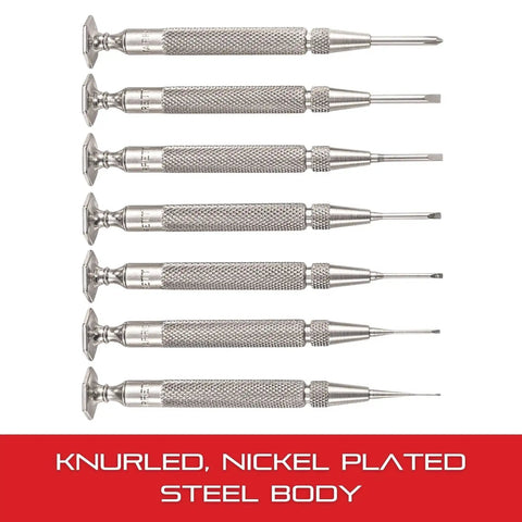 Seven-piece jewelers precision screwdriver set with knurled grips, nickel-plated steel bodies, and compact case, 0.025-0.100 inch blades