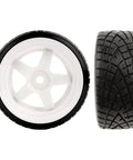 Front and side view of 1/10 Scale RC Drift Tires with 12mm Hex Hub showcasing tread pattern for on road touring wheels, slick tire set