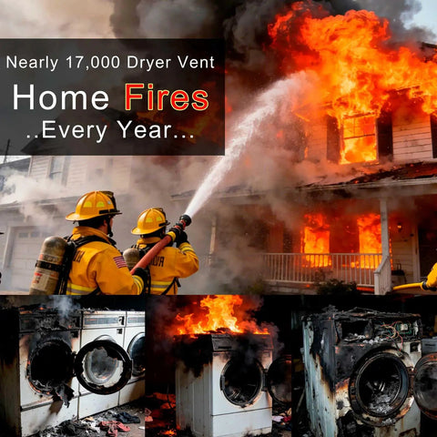Firefighters extinguishing fire emphasizing need for All Purpose Dryer Vent Cleaning Kit With Vacuum Hose Attachment For Most Vacuums.