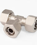 Half Inch Equal Tee Fitting For Half Inch Tubing, Nickel Plated Brass, 175 PSI Max, Double O Ring Compression, Tubing Can Be Removed