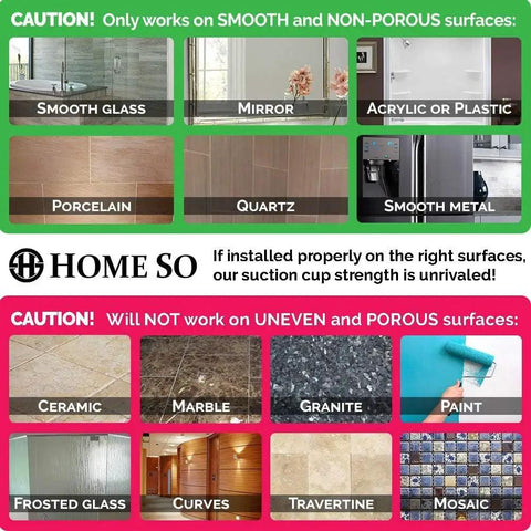 Chart showing surfaces for No Drill Suction Cup Hooks 2 Pack for Shower Towels Storage on Tile Glass, highlighting compatible materials.
