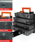 Stacked black organizer boxes with orange handle, featuring sturdy latches, clear view compartments, and hook design for easy access.