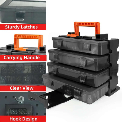 Stacked black organizer boxes with orange handle, featuring sturdy latches, clear view compartments, and hook design for easy access.