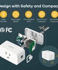 Exploded view of Matter Smart Plug 2 Pack, 15A 1800W Wi Fi Outlet showing its internal components and dimensions.
