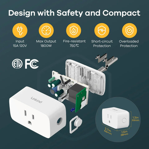 Exploded view of Matter Smart Plug 2 Pack, 15A 1800W Wi Fi Outlet showing its internal components and dimensions.