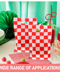 Race Car Themed Gift Bags With Handle Pack Of 50 Portable Lightweight Plastic Candy Bags Checkered Pattern Displayed.