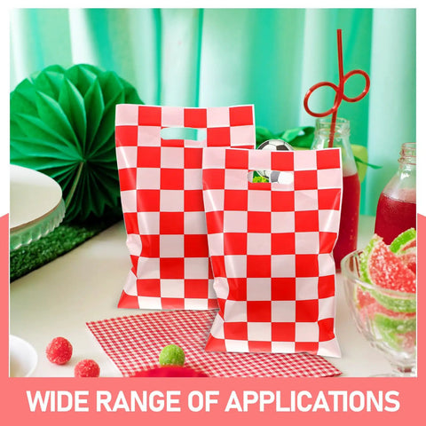 Race Car Themed Gift Bags With Handle Pack Of 50 Portable Lightweight Plastic Candy Bags Checkered Pattern Displayed.