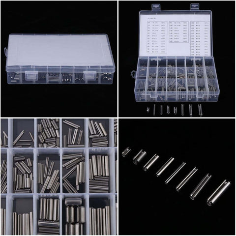 Stainless Steel Spring Tension Pins Set 280 Pcs M1.5 To M8 304 Material Elastic Cylinder Pins Heavy Duty Mechanical Fasteners With Durable Plastic Storage Box For Garages Workshops And Diy Projects.