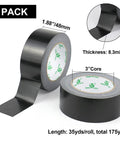 Five Roll Pack Black Duct Tape Rolls For DIY Projects, Heavy Duty 8.3 Mil Thick 1.88 Inch Wide By 35 Yards Each, detailed view.