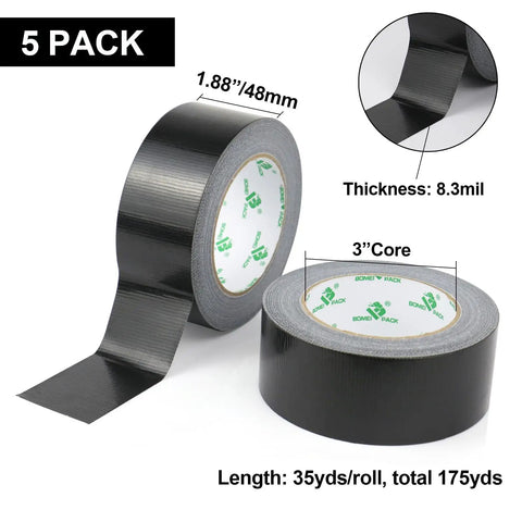 Five Roll Pack Black Duct Tape Rolls For DIY Projects, Heavy Duty 8.3 Mil Thick 1.88 Inch Wide By 35 Yards Each, detailed view.