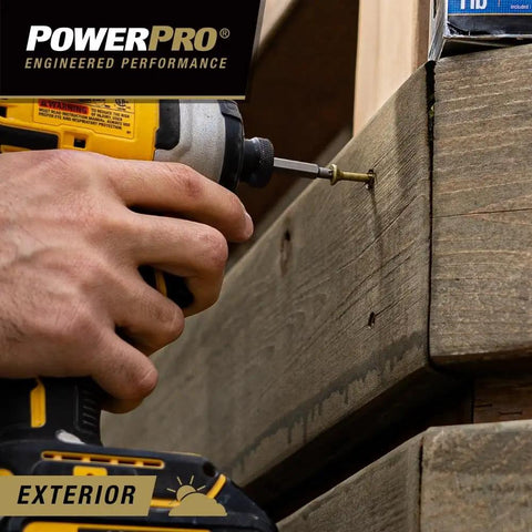 Person using drill to insert Bronze Exterior Wood Deck Screws Size 9 By 3 Inch All Purpose Outdoor Fasteners for wood deck